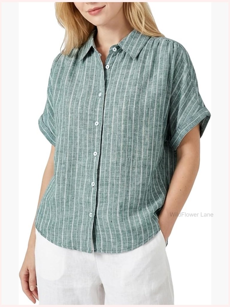 100% Linen Short Sleeve Button Down Shirt Blouse